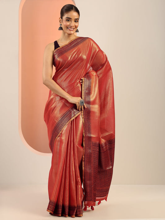 Rust Solid Silk Saree With Unstitched Blouse Piece