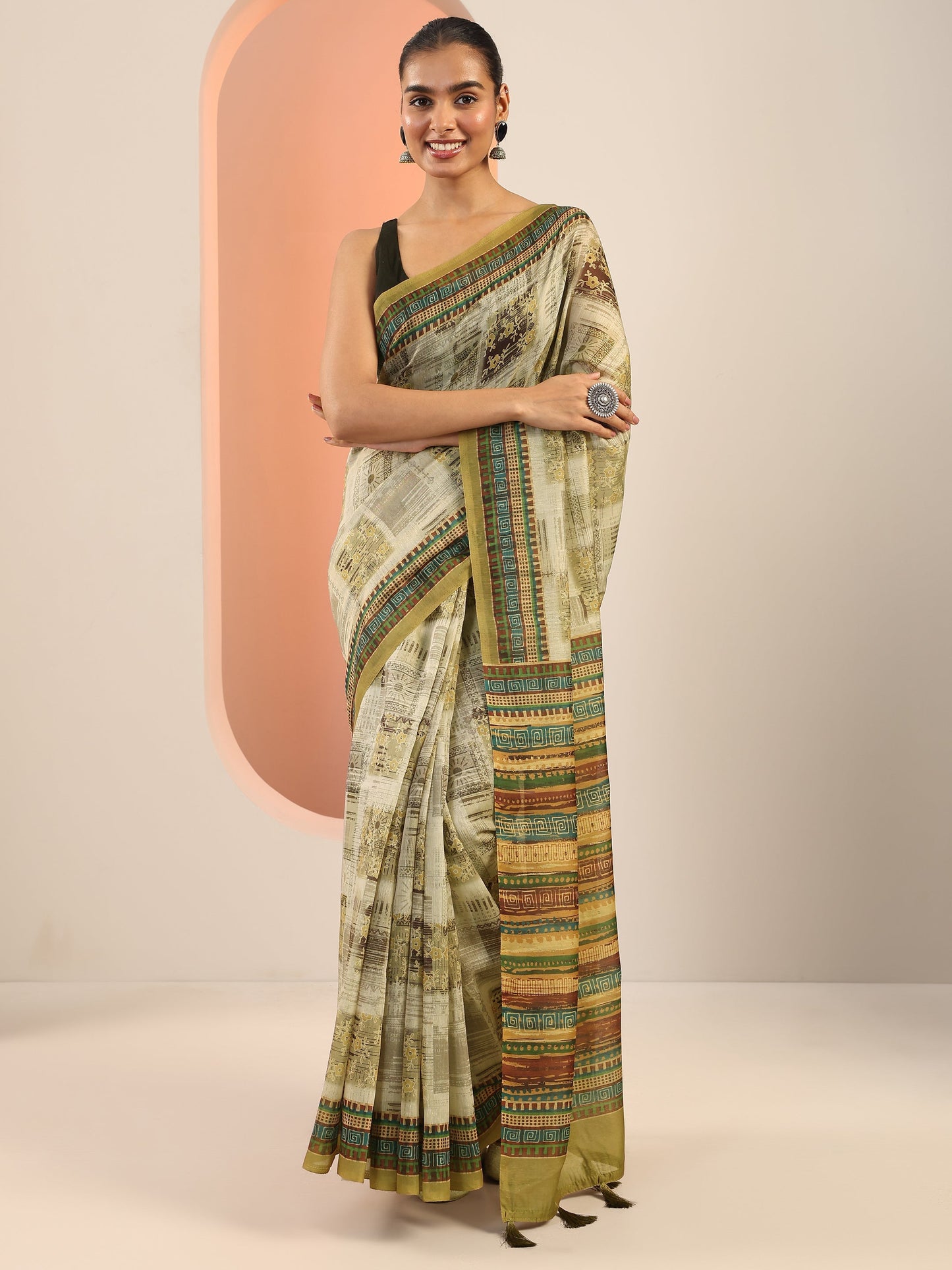 Olive Printed Silk Saree With Unstitched Blouse Piece