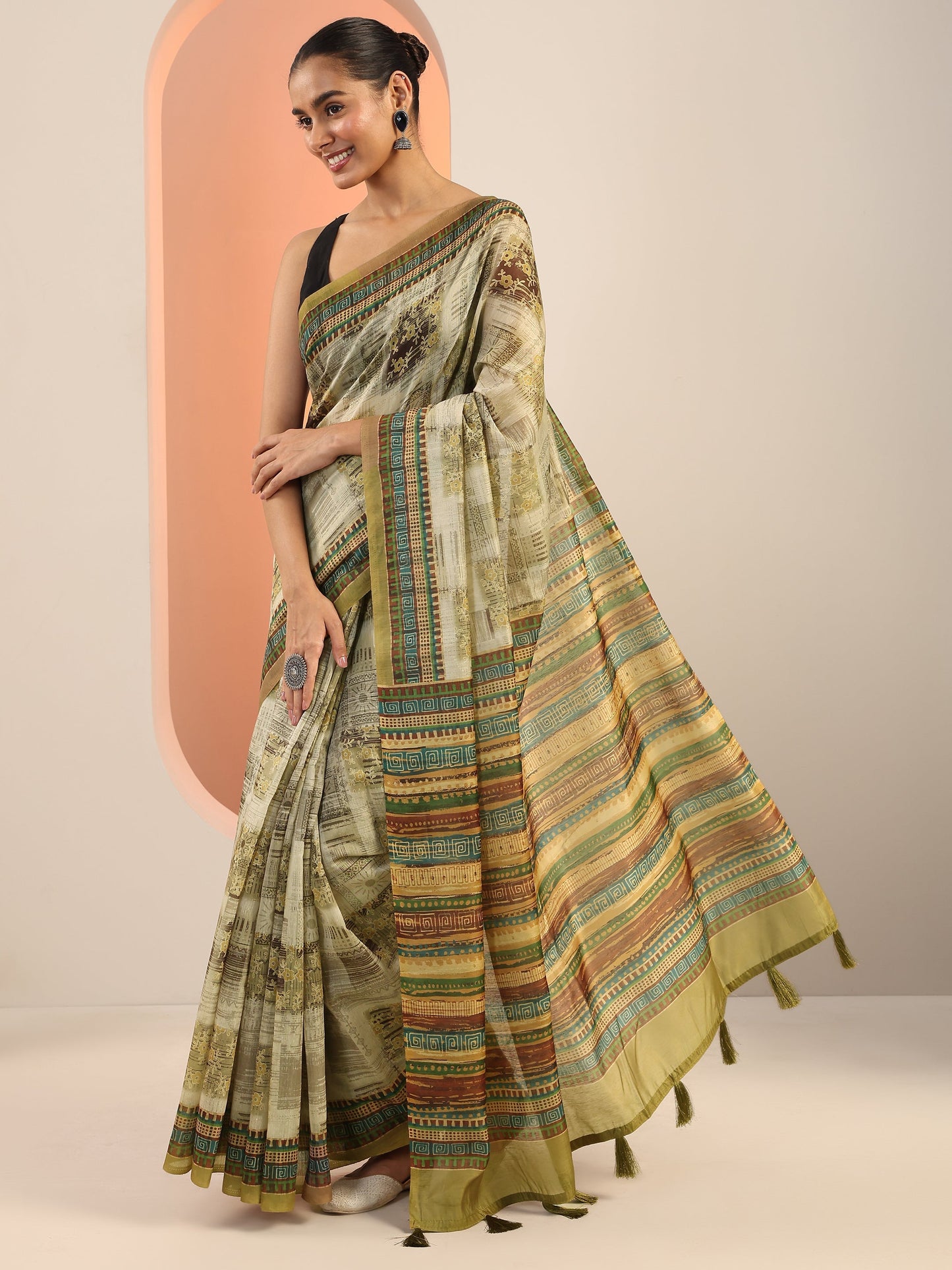 Olive Printed Silk Saree With Unstitched Blouse Piece