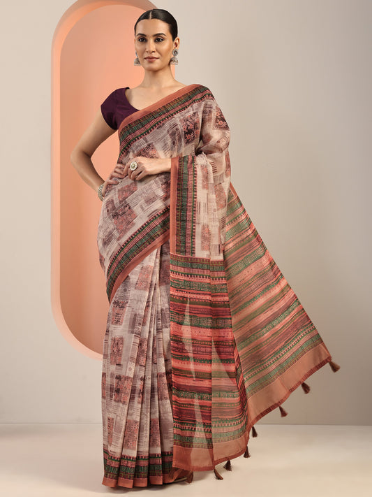 Rust Printed Silk Blend Saree With Unstitched Blouse Piece