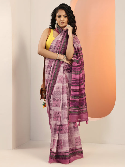 Mauve Printed Silk Blend Saree With Unstitched Blouse Piece