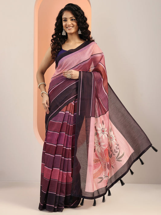 Mauve Printed Silk Blend Saree With Unstitched Blouse Piece