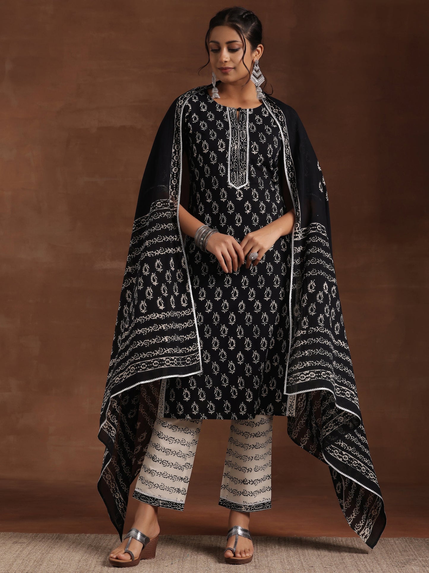 Black Printed Cotton Straight Suit With Dupatta