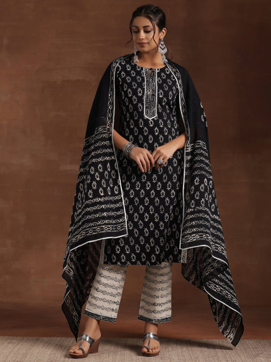 Black Printed Cotton Straight Suit With Dupatta
