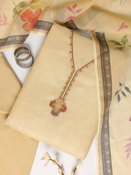 Beige Printed Cotton Blend Dress Material With Dupatta