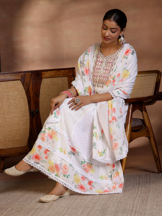 White Self Design Cotton Anarkali Suit With Dupatta