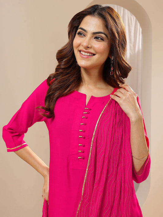 Pink Solid Silk Blend Straight Suit Sets With Dupatta
