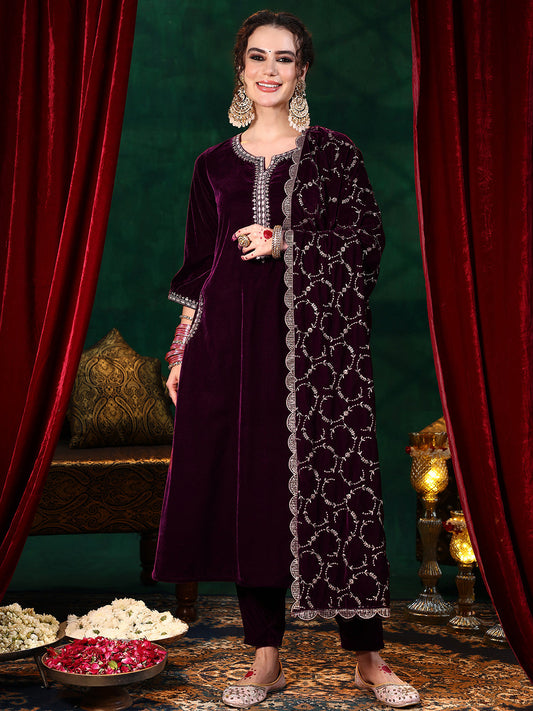 Burgundy Yoke Design Velvet Straight Suit With Dupatta