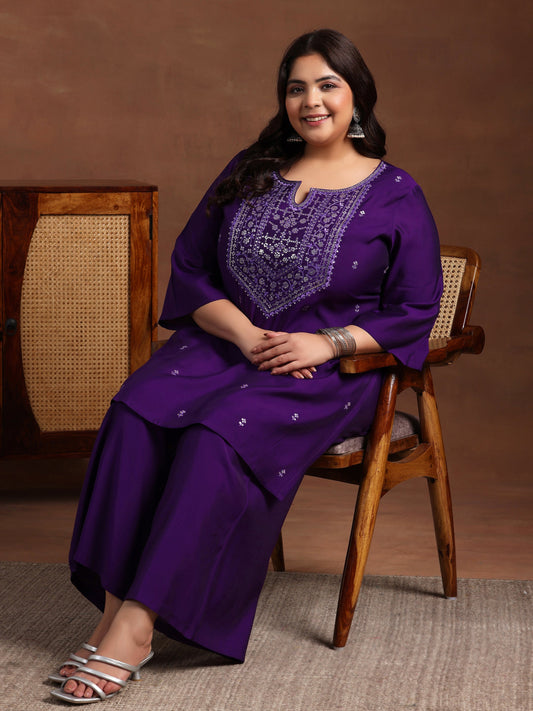 Plus Size Purple Yoke Design Silk Blend Straight Kurta Set