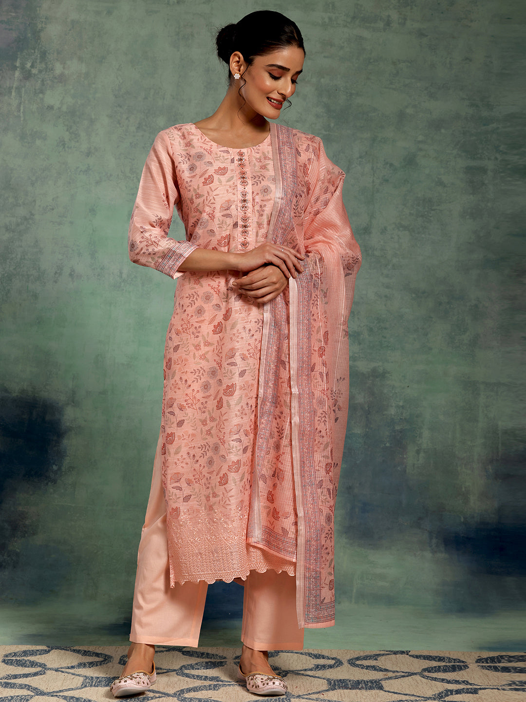 Peach Printed Chanderi Silk Straight Suit Set With Dupatta