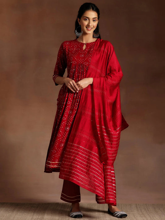 Zainab Red Printed Rayon A-Line Kurta With Palazzos & Dupatta