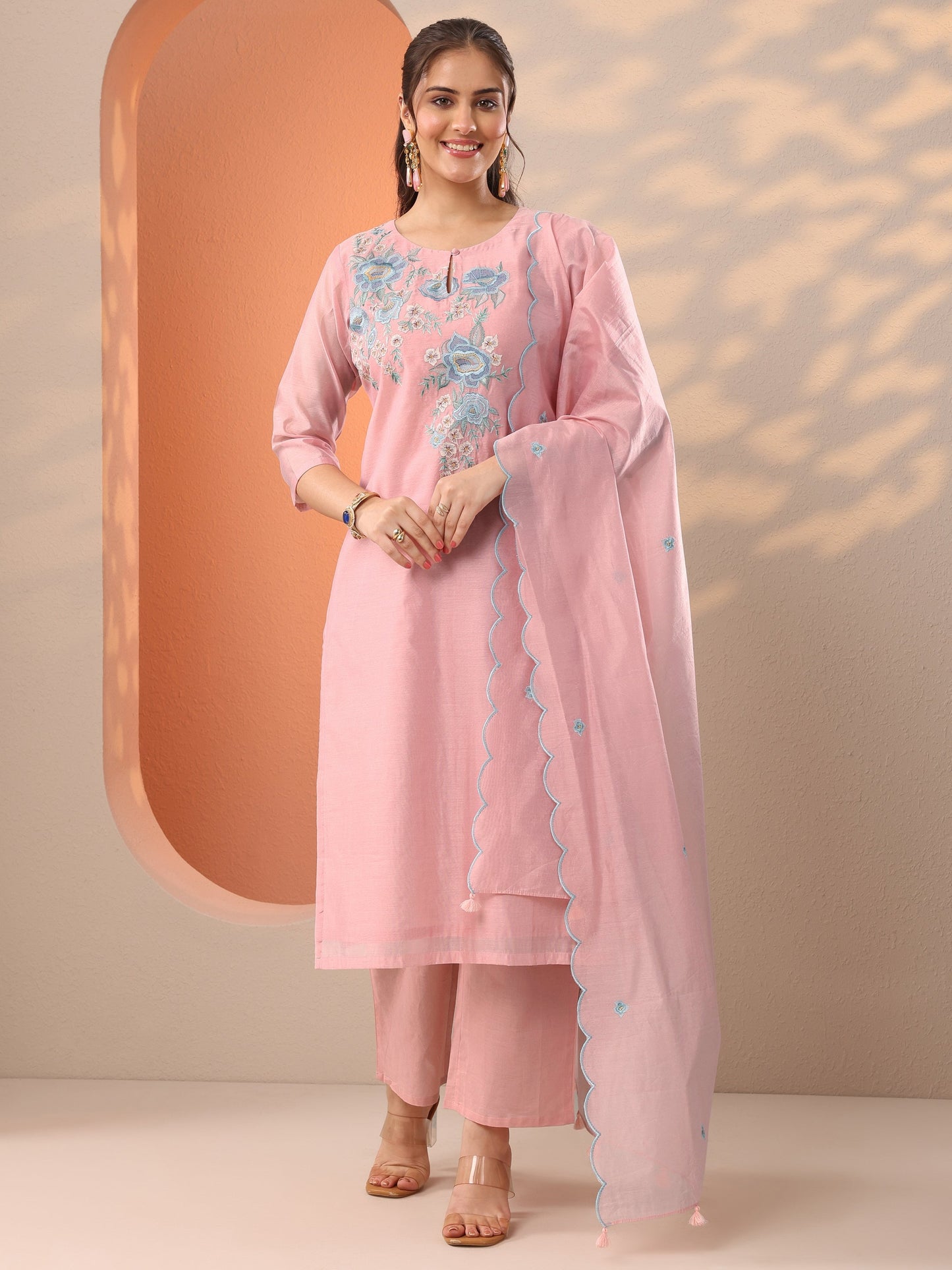 Pink Embroidered Silk Blend Straight Suit Set With Dupatta