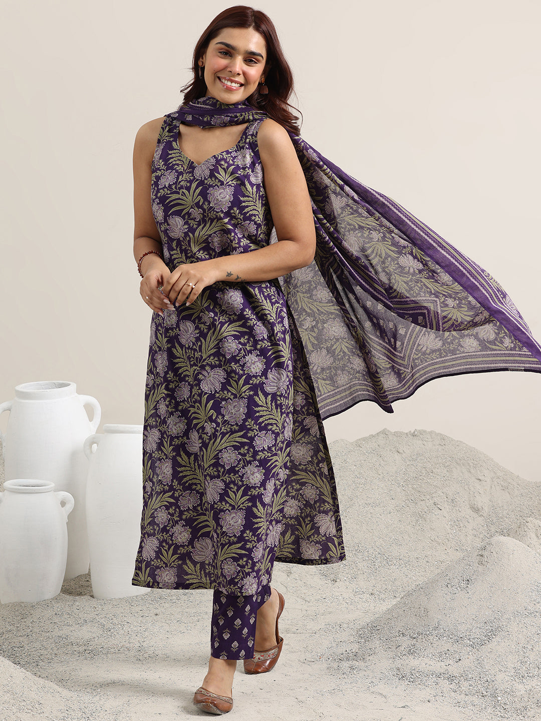 Purple Printed Cotton Straight Suit With Dupatta