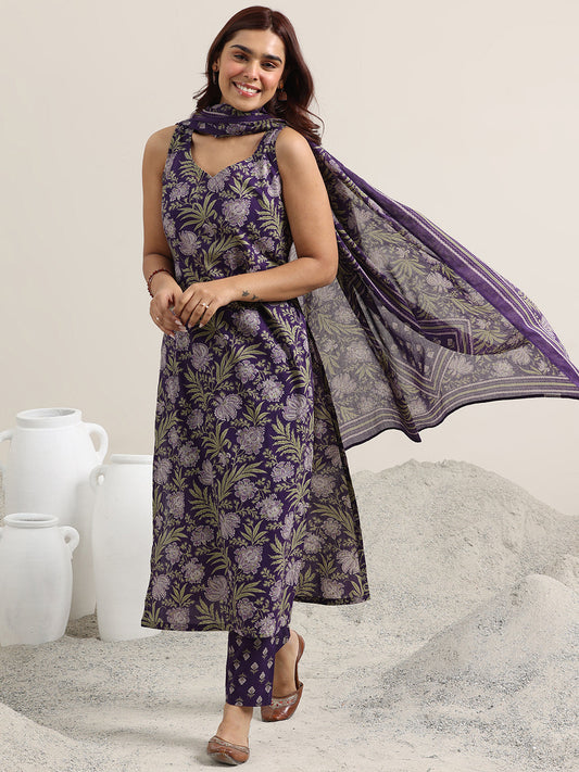 Purple Printed Cotton Straight Suit With Dupatta