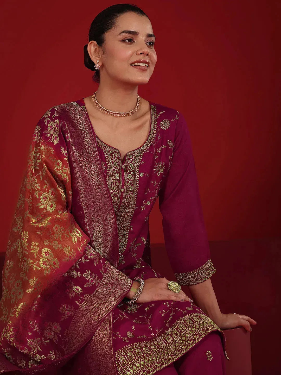 Pink Embroidered Silk Blend Straight Suit Set With Dupatta