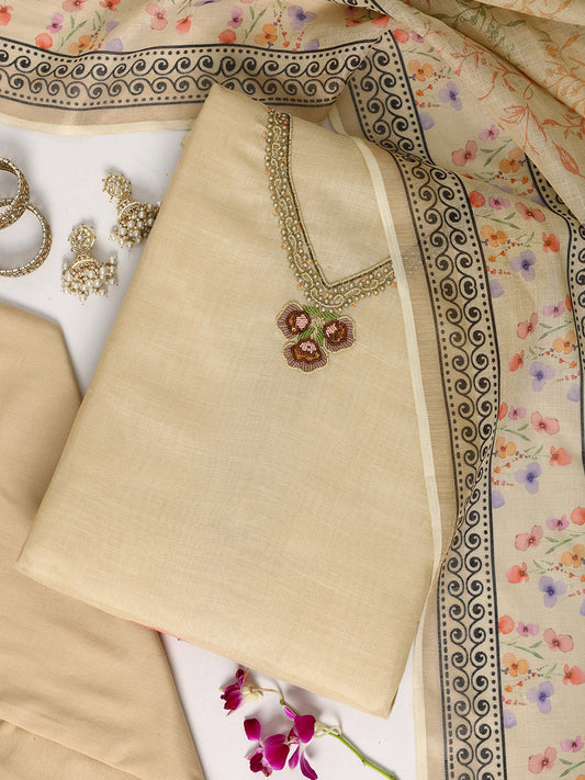 Beige Printed Cotton Blend Dress Material With Dupatta