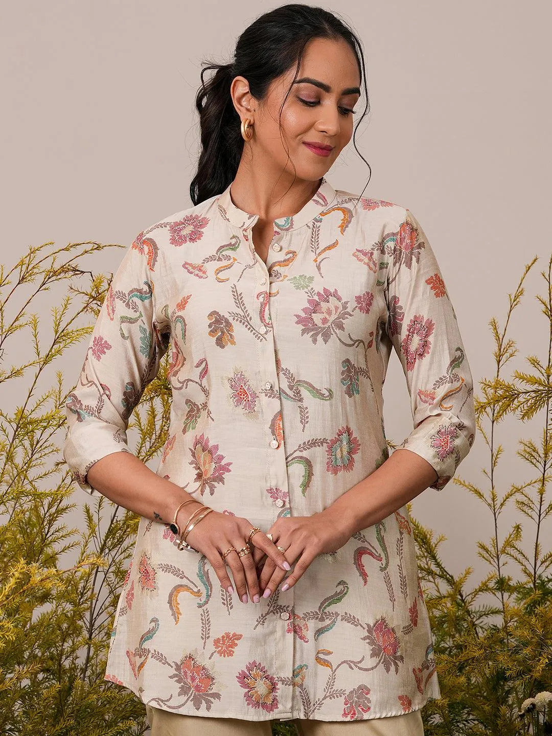 Beige Printed Silk Blend A-Line Kurti