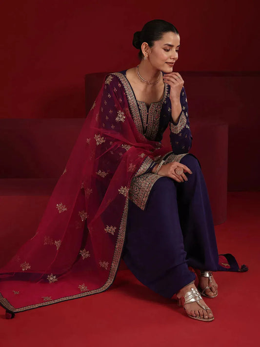 Libas Art Purple Embroidered Silk Blend Straight Suit Set With Dupatta
