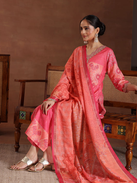 Pink Printed Cotton Blend Straight Suit With Dupatta