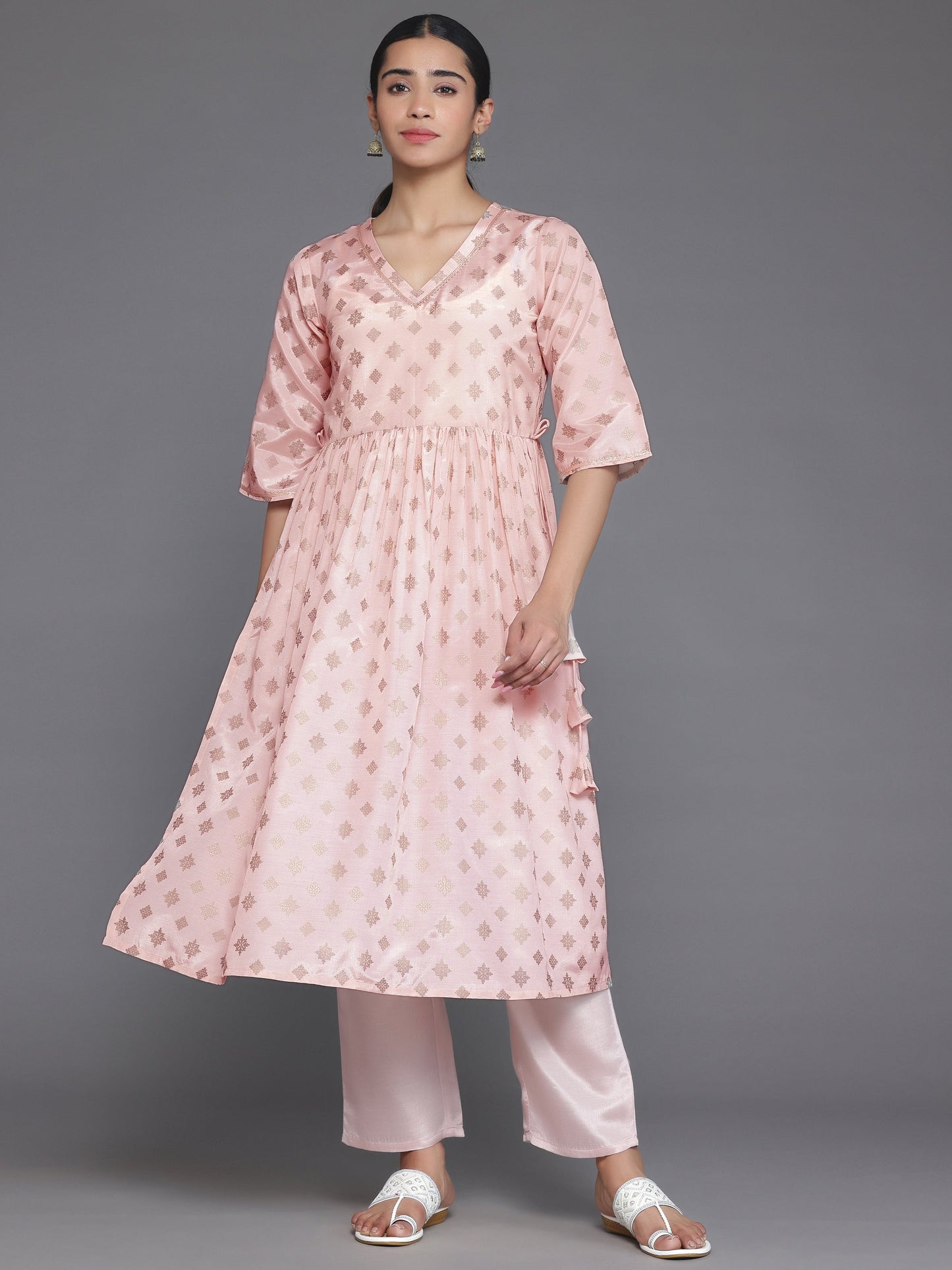 Peach Printed Silk Blend A-Line Kurta With Trousers