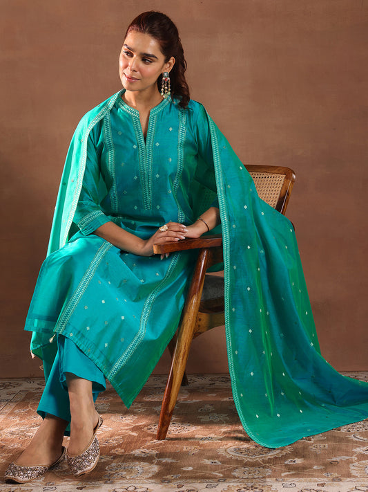 Turquoise Blue Woven Design Chanderi Silk Straight Suit With Dupatta