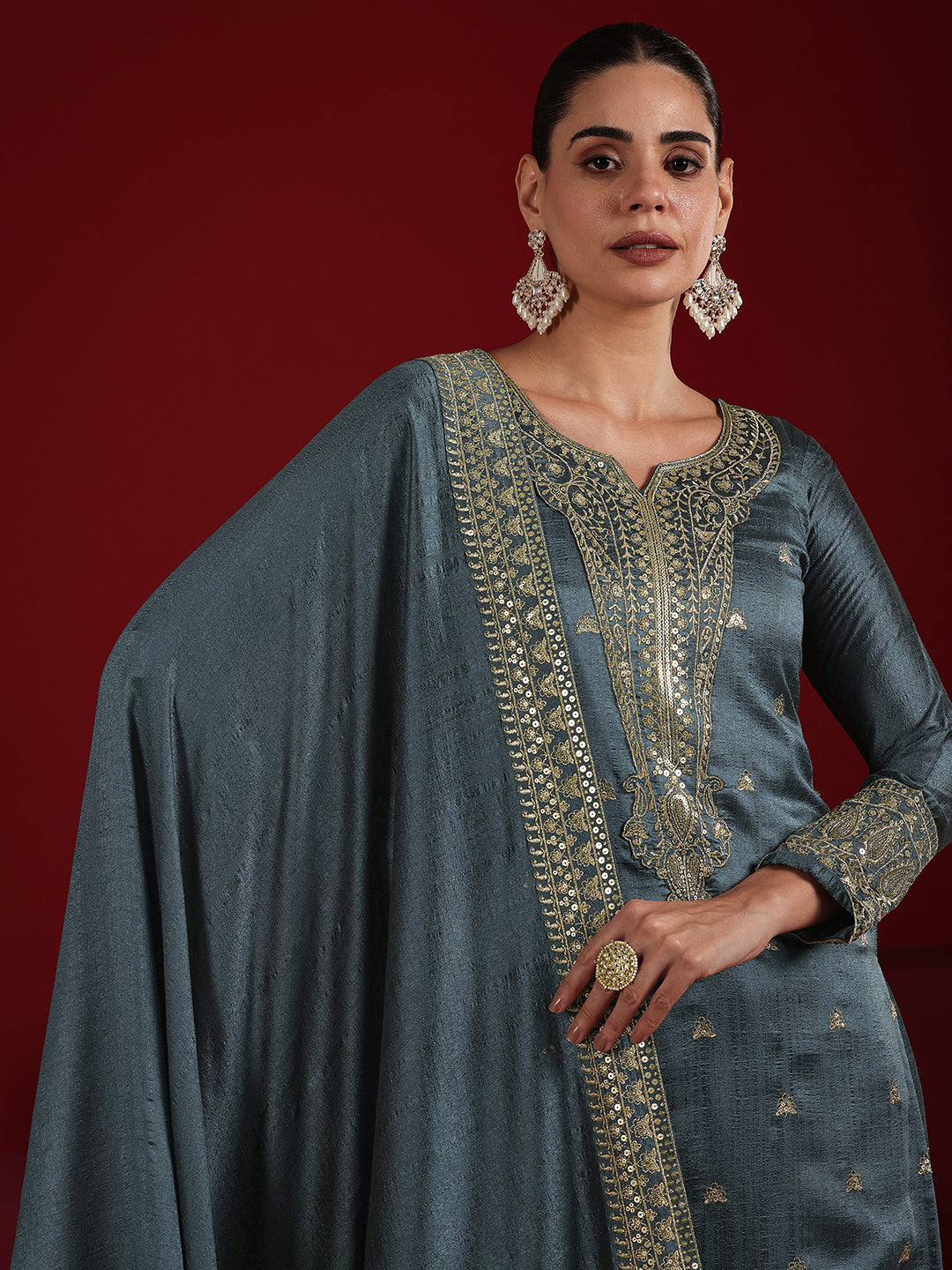 Libas Art Blue Embroidered Silk Blend Straight Suit Set With Dupatta