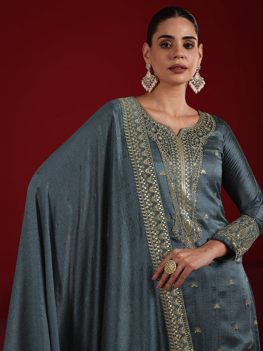 Libas Art Blue Embroidered Silk Blend Straight Suit Set With Dupatta