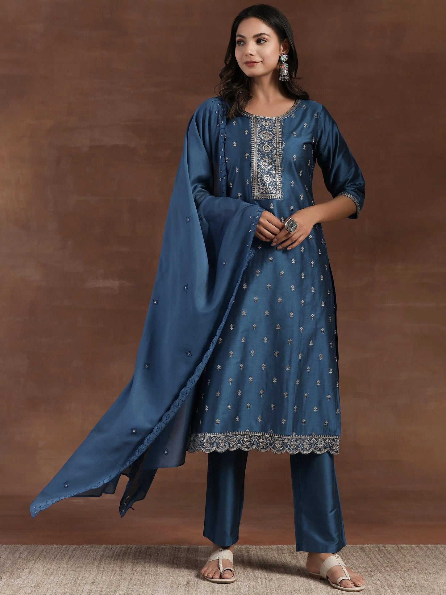 Blue Embroidered Silk Blend Straight Suit With Dupatta