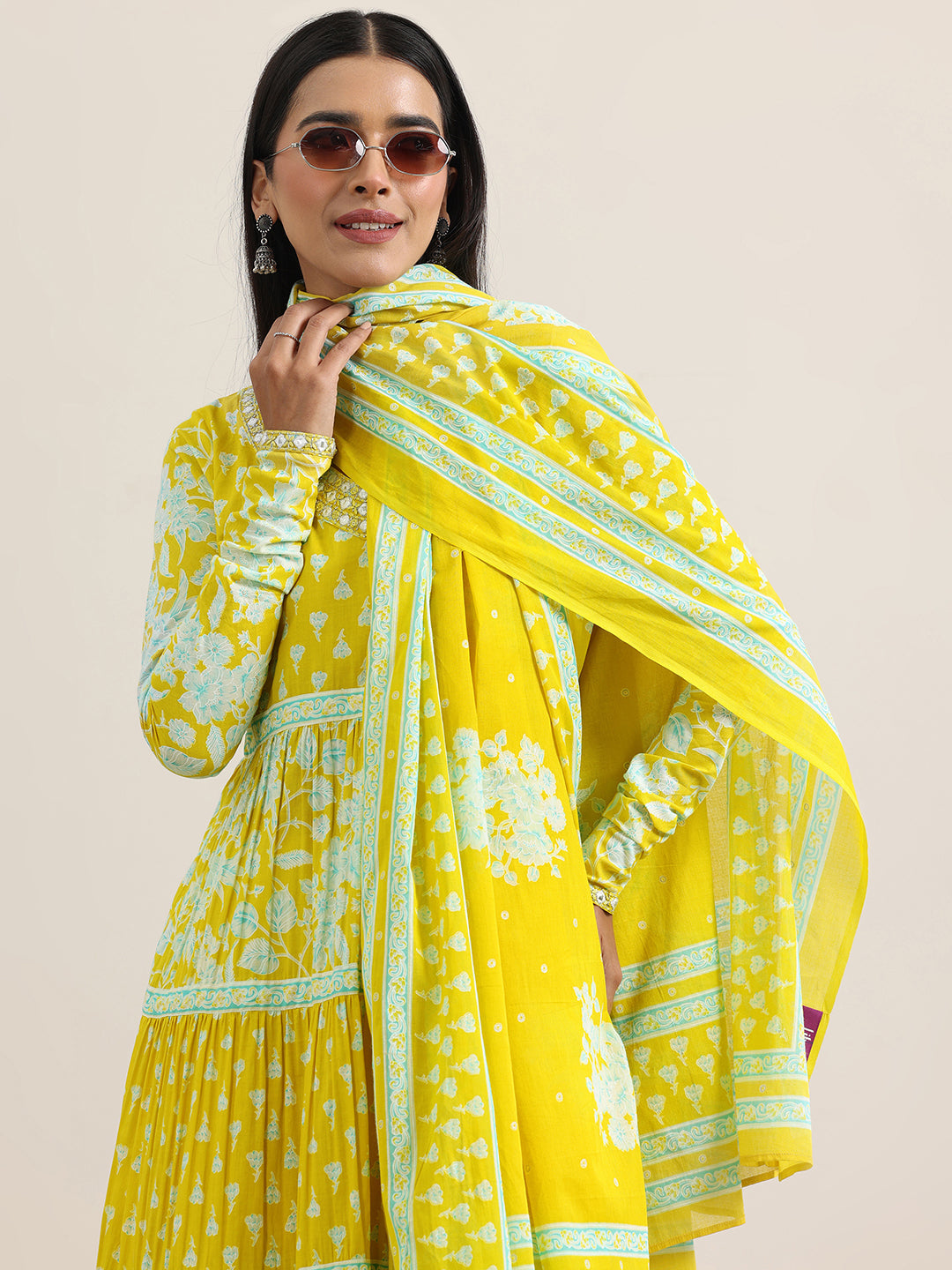 Yellow Printed Cotton Anarkali Suit With Dupatta