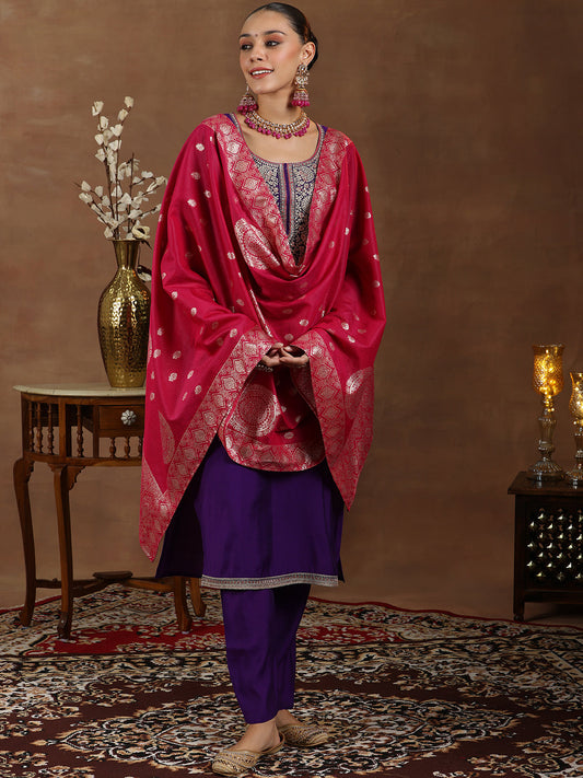 Purple Yoke Design Silk Blend Straight Suit With Dupatta