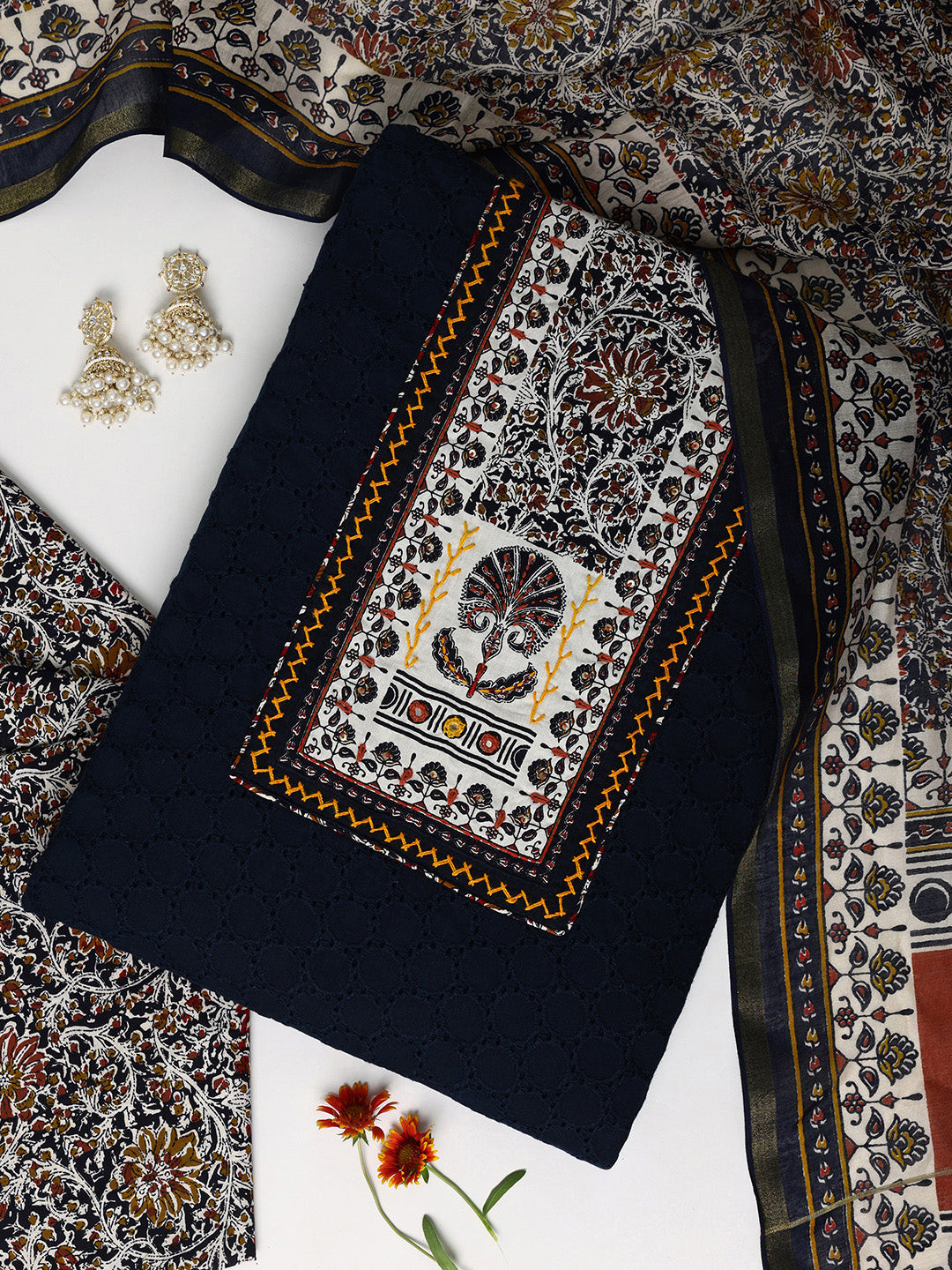 Navy Blue Printed Cotton Dress Material With Dupatta