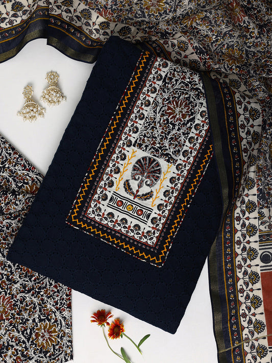 Navy Blue Printed Cotton Dress Material With Dupatta