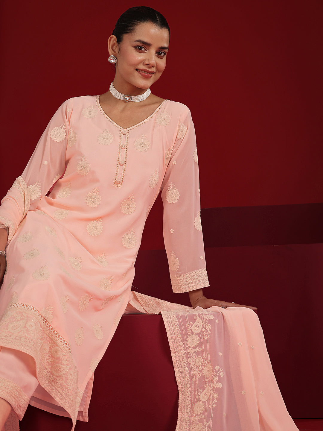 Libas Art Pink Embroidered Georgette Straight Suit Set With Dupatta