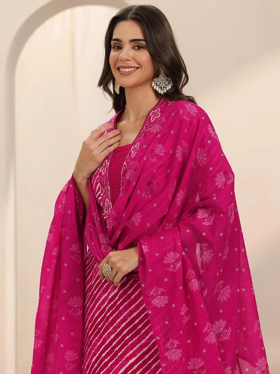 Pink Printed Cotton Straight Suit Set With Dupatta