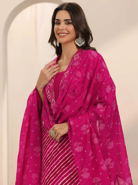 Pink Printed Cotton Straight Suit Set With Dupatta