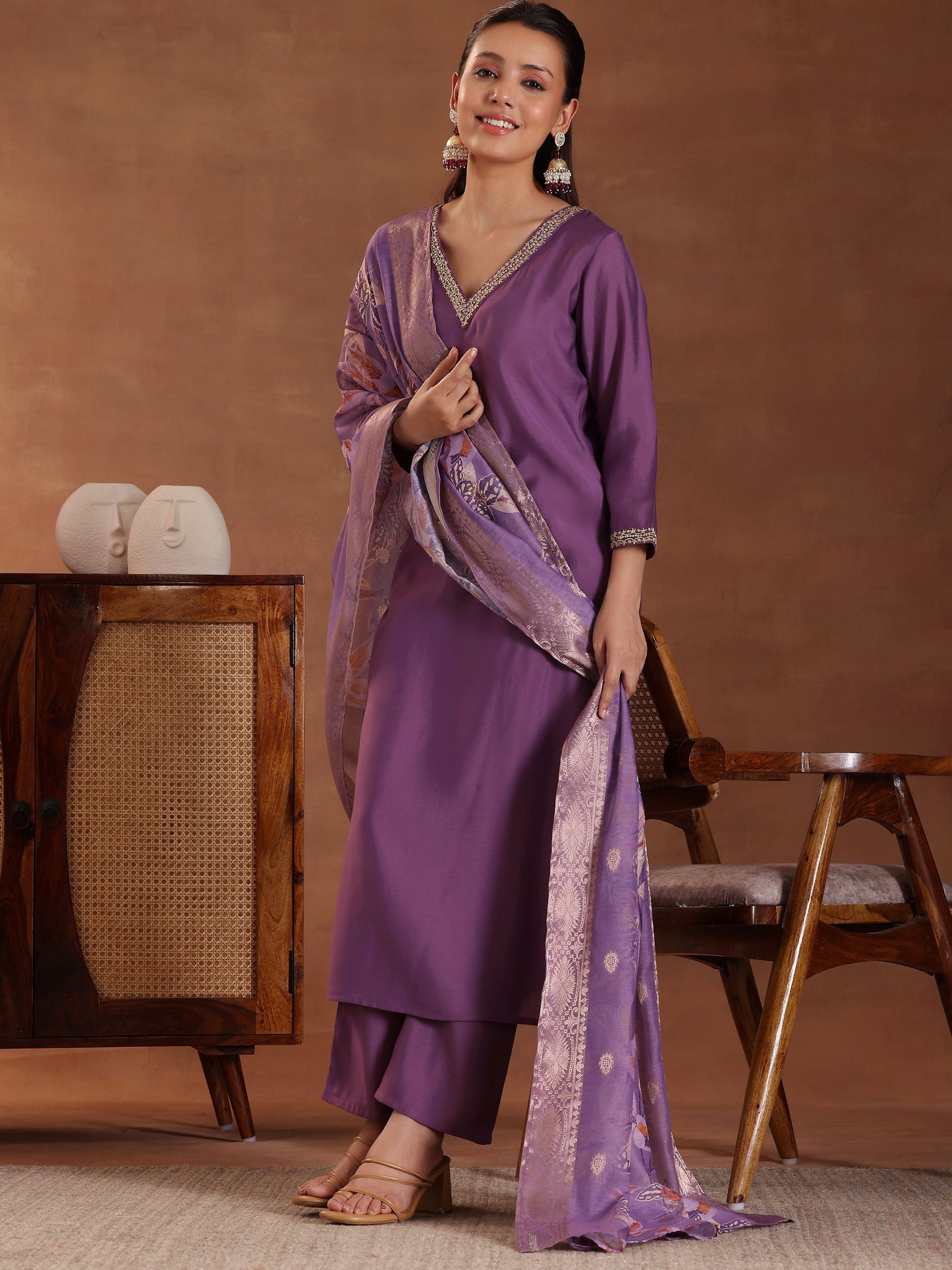 Purple Solid Silk Blend Straight Suit With Dupatta
