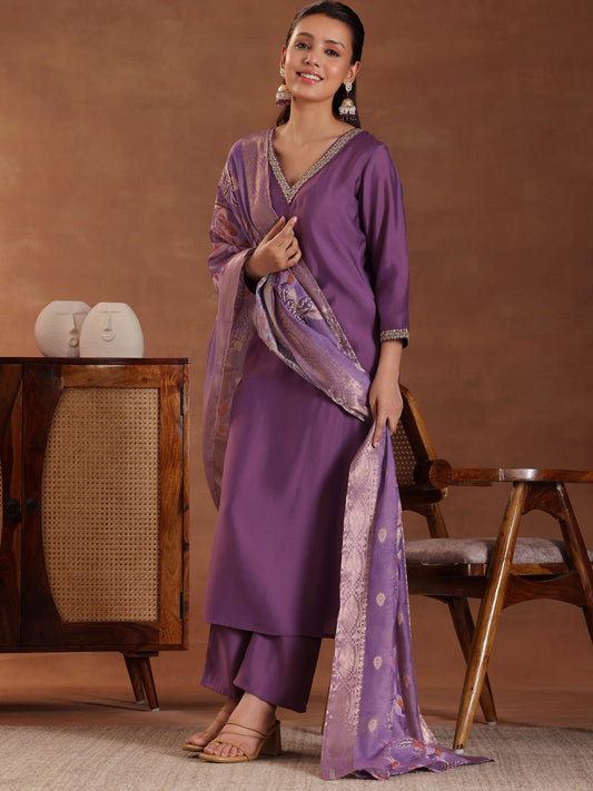 Purple Solid Silk Blend Straight Suit With Dupatta