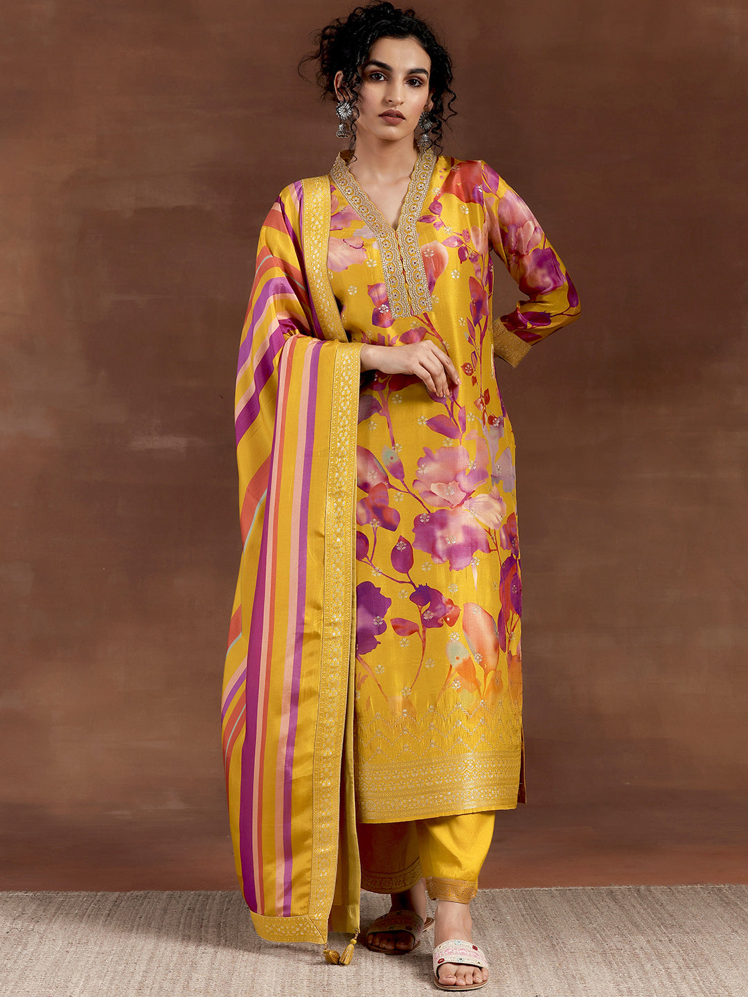 Mustard Printed Silk Blend Straight Suit With Dupatta