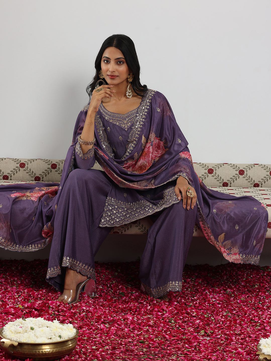 Purple Embroidered Silk Blend Straight Suit With Dupatta
