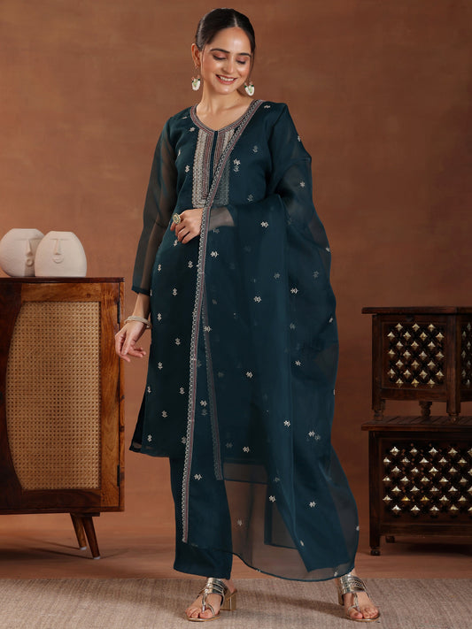 Green Embroidered Organza Straight Suit With Dupatta