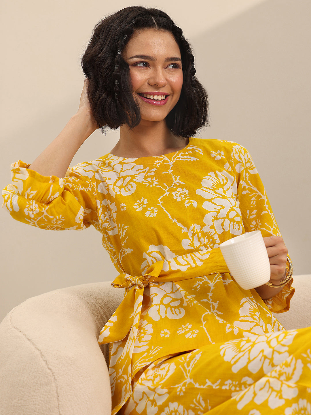 Yellow Printed Cotton Night Suits