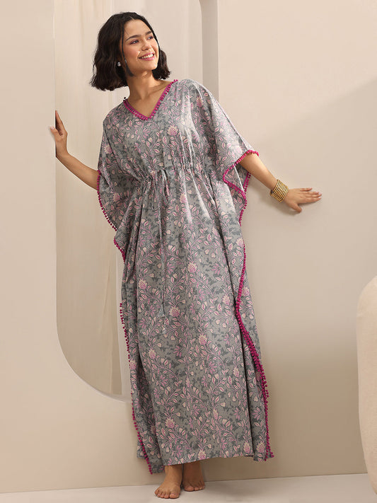 Grey Printed Cotton Kaftan Night Dress