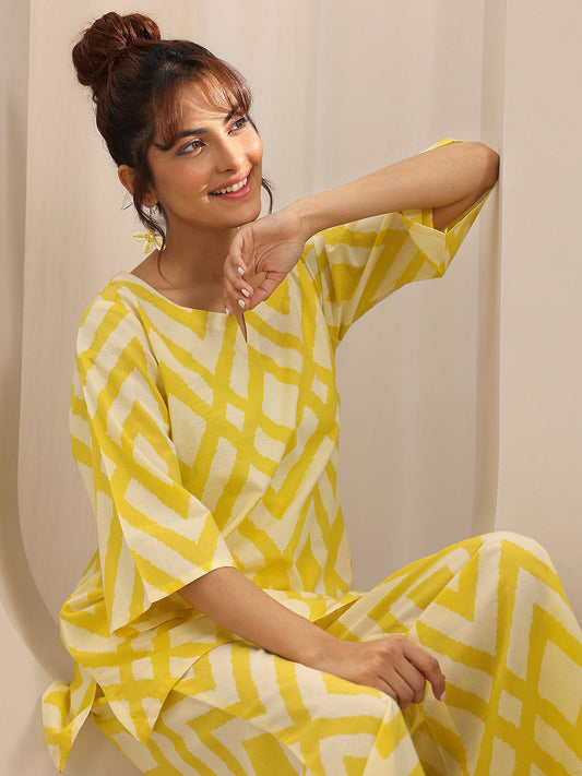Yellow Printed Cotton Night Suits