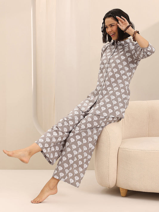 Grey Printed Cotton Night Suits