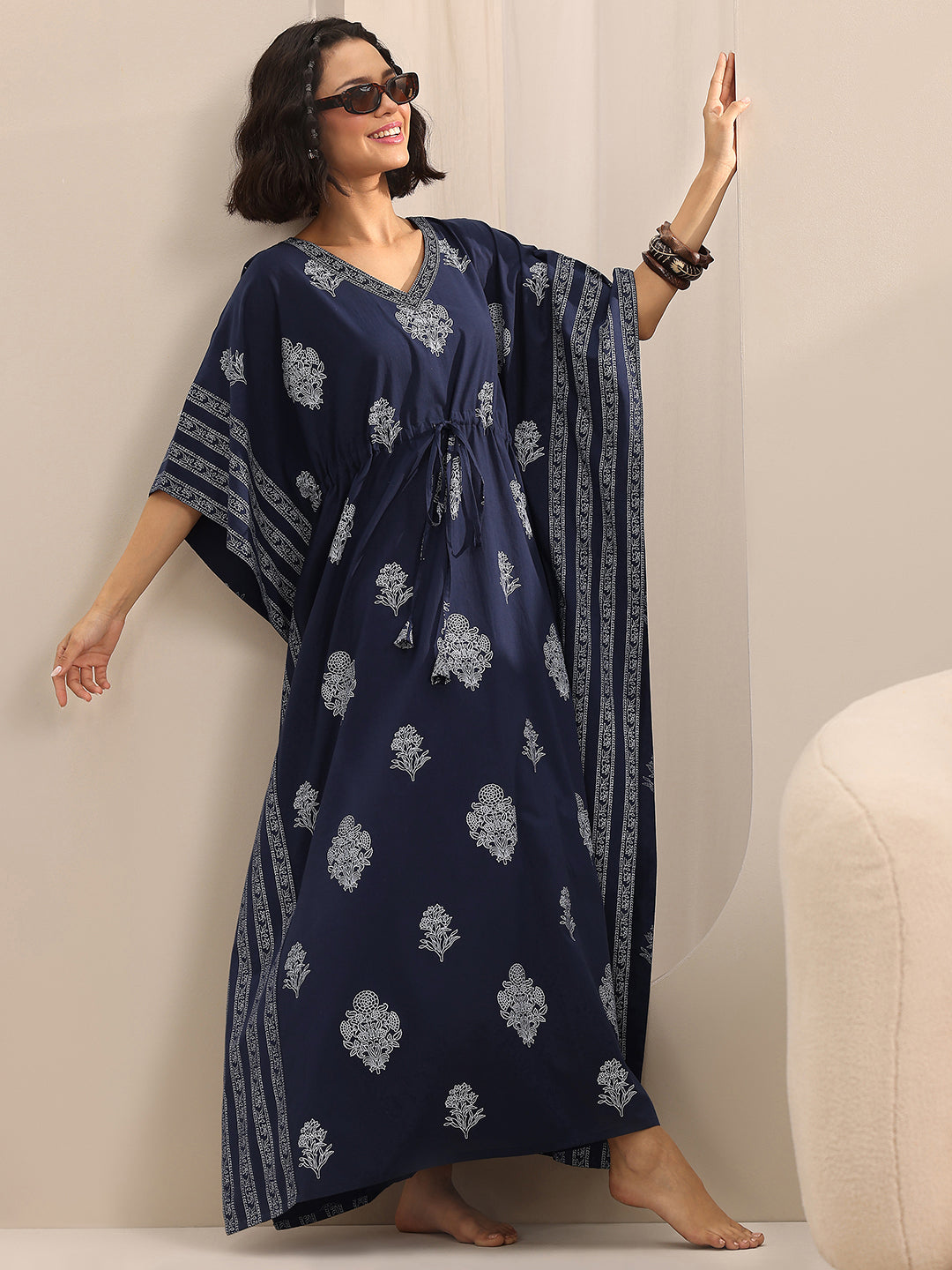 Blue Printed Cotton Kaftan Night Dress