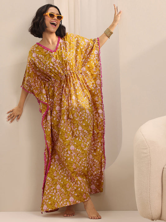Mustard Printed Cotton Kaftan Night Dress