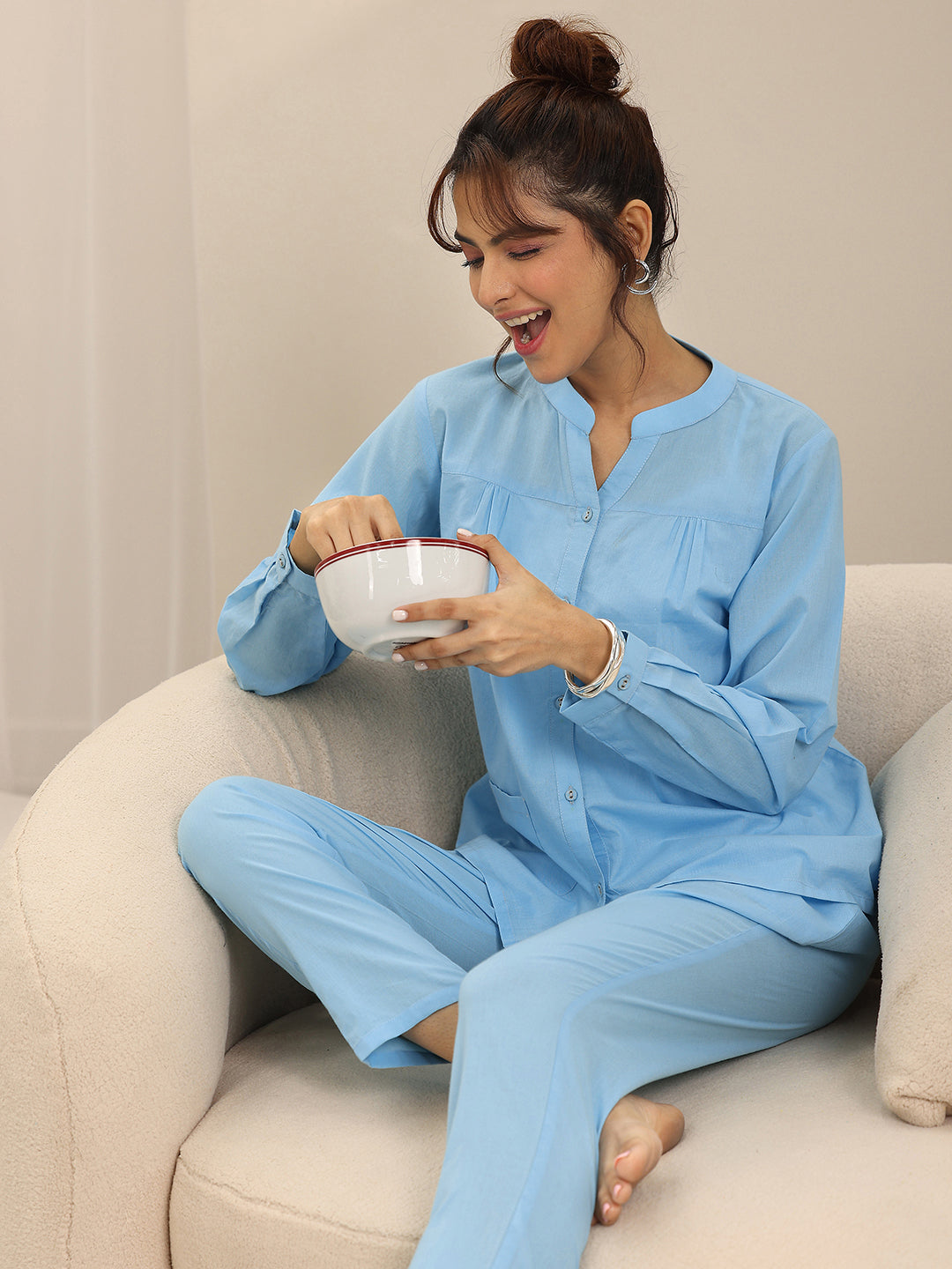 Blue Solid Cotton Night Suits