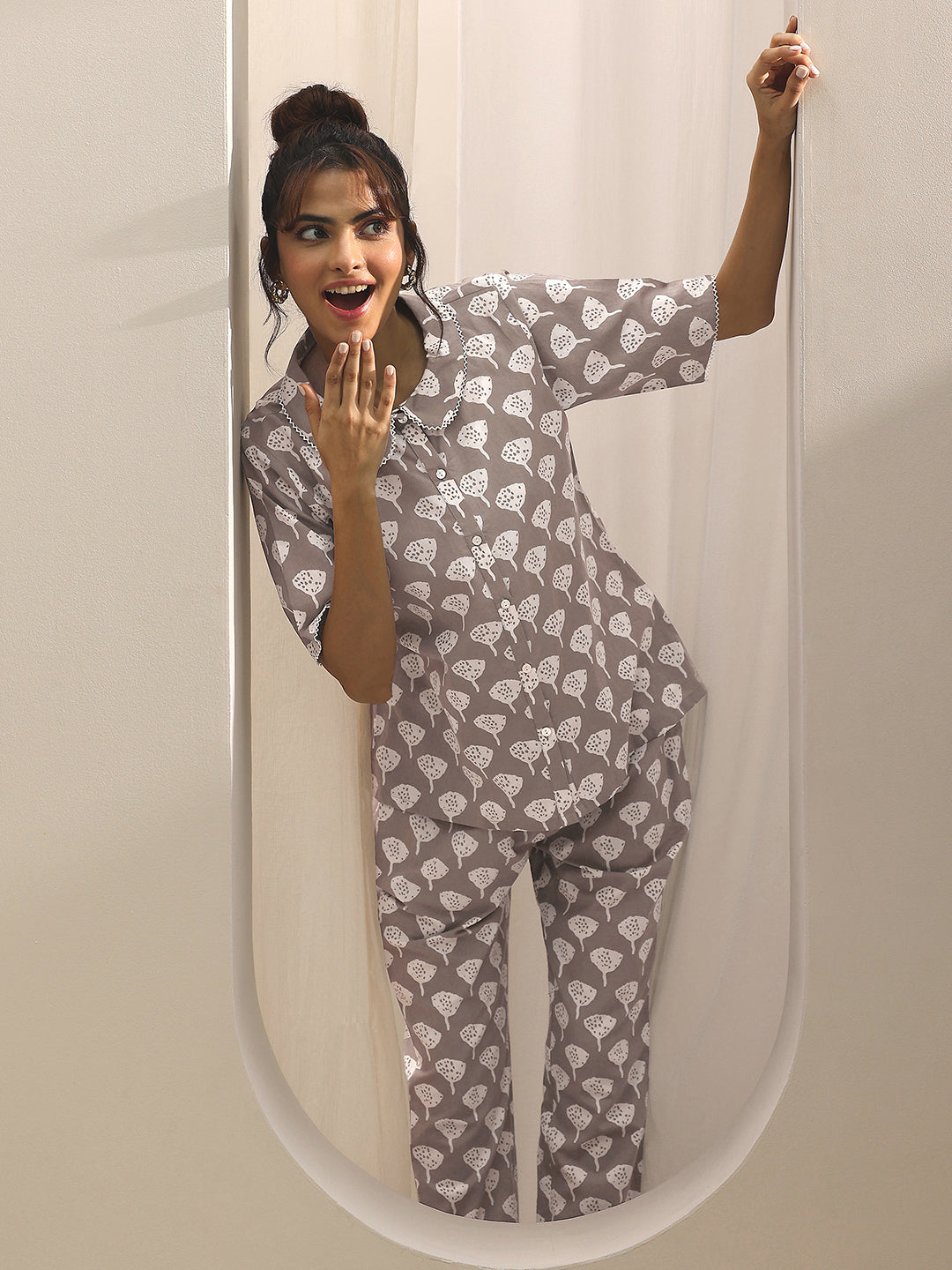 Grey Printed Cotton Night Suits