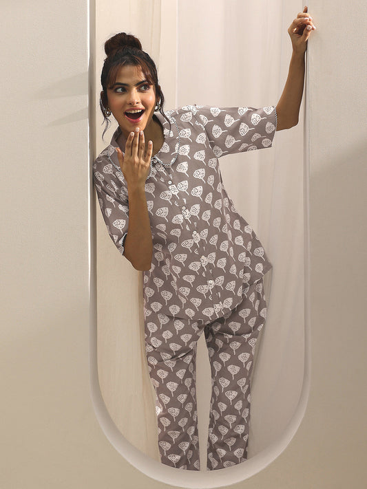 Grey Printed Cotton Night Suits