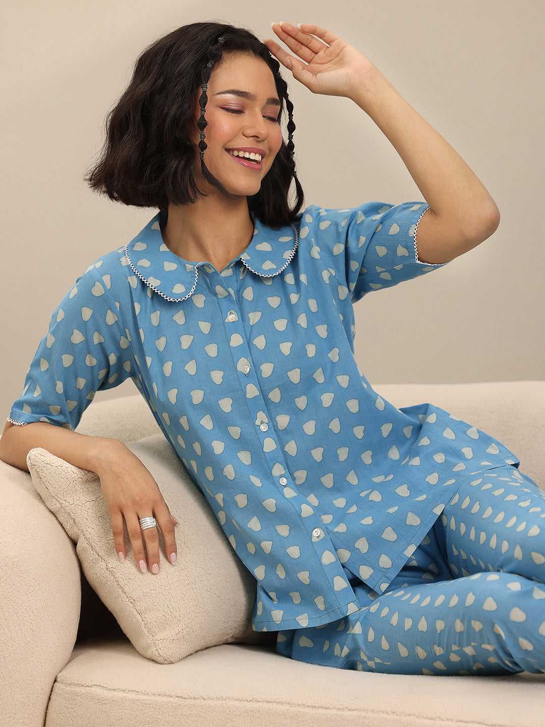 Blue Printed Cotton Night Suits